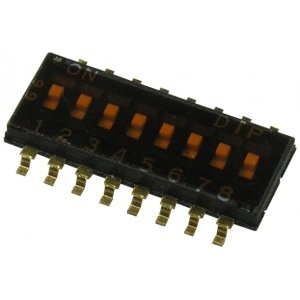 DHN-08-T-V, Движковый переключатель 8 групп SMD монтаж 1.27мм 25мА 24В с плёнкой положение ВКЛ