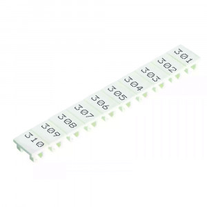 Маркировка для клемм (полоска) 9705A/6/10 B 301-310, Маркировочные шильдики, для клемм сечением 4 мм.кв., боковая / верхняя, 10 шильдиков, нанесенные символы: 301…310,с горизонтальным расположением, размер шильдика: 5,75 x 8,3 мм, цвет: белый