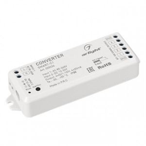 Конвертер SMART-C1 (12V, RF-0/1-10V, 2.4G) 025036, Конвертер RF сигнала от пультов серии SMART в сигнал 0-10V. Напряжение питания 12VDC/230VAC, выходной сигнал 0-10V, нагрузочная способность 20mA/канал, 4 канала. Корпус - PVC. Габариты 114х38х20 мм.