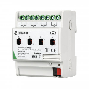 INTELLIGENT ARLIGHT Релейный модуль KNX-704-SW16-DIN (BUS, 4x16A) 025661, Релейный модуль 4-х канальный для KNX систем. Установка на DIN рейку. Возможность ручного управления. Напряжение питания DC 21-30V от шины данных. Максимальный коммутируемый ток - 16А/канал. Для коммутации электирических нагрузок в сетях с номинальным нап