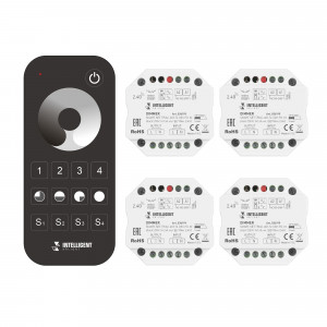 INTELLIGENT ARLIGHT Диммер SMART-SET-TRIAC-601-72-DIM-PD-IN Black (230V, 1x1.5A, x4, ПДУ 10кн, 2.4G) 036199, Комплект диммера TRIAC с пультом, предназначенный для установки в подрозетник. В комплекте 4 диммера и 4-зонный пульт с сенсорным кольцом. Питание/рабочее напряжение 100-240VDC, максимальный ток 1.5A на канал, 1 канал, максимальная мощность 150-360W, Push