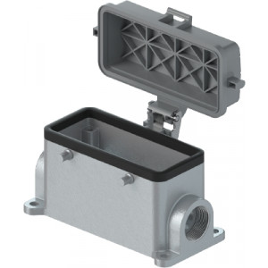 Закрытое основание разъема 70.340.2435.1, Основание разъема на панель, закрытое, типоразмер 24B, с уплотнителем, 2 отверстия с резьбой для кабельных вводов M25x1,5, без защелок (упоры для двух защелок), с защитной крышкой, материал корпуса: алюминиевый сплав