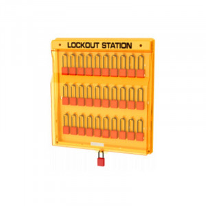 gwrB202, Станция блокировочная пластиковая закрытая, 30 держателей для замков, поликарбонат, 580х605х95 мм, цвет – желтый, 1 шт/упак