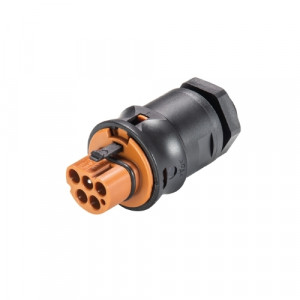 Вилочный разъем в панель RST20I5S S1 M00VL BR01, Вилочный разъем в панель, М20, 5 полюсов, тип фиксации провода: винтовой, номинальные характеристики: ~50/120V, 20A, цвет корпуса: черный, цвет контактной вставки: коричневый, серия RST Classic