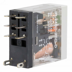 Реле миниатюрное промышленное, 2CO, ком. ток 8А, AgSnO, напряжение 24VDC, опция: тест-кнопка+светодиод+защитный диод IR-24DC-2CO-D