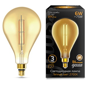Лампа Gauss LED Vintage Filament Straight PS160 6W E27 160*290mm Amber 890lm 2700K 1/6 [179802118]