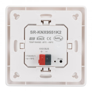 Панель Knob SR-KN9551K2-UP White (KNX, DIM) 023487, Универсальная многофункциональная встраиваемая настенная панель для систем KNX. 2 клавиши. Материал - пластик. Цвет корпуса - белый. Питание от шины KNX DC 21-30V. Габариты 55.5х55.5х13 мм. Совместима с рамками европейских производителей (GIRA, JUNG, BERK