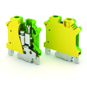 Заземляющая клемма JUK1-2.5PE, Заземляющая клемма, тип фиксации провода: винтовой, номинальное сечение: 2,5 мм кв., 800V, ширина: 5,2 мм, цвет: желто-зеленый, тип монтажа: DIN35