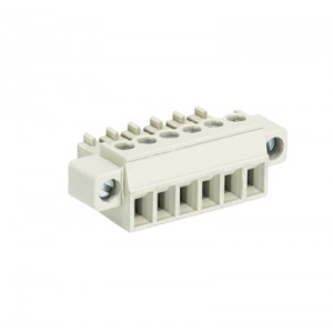 Розетка Wiecon 8813 B / 6 F OB, Розеточный разъем, угловой, на кабель, шаг: 3.81 мм, 6 полюсов, фиксация провода винтовая, исполнение: без маркировки, с монтажными фланцами, 250V, 8А, цвет: серый