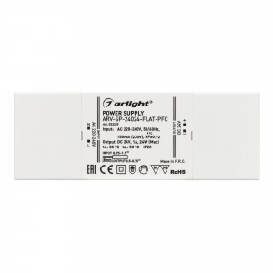 Блок питания ARV-SP-24024-FLAT-PFC (24V, 1A, 24W) 033259, Источник напряжения с гальванической развязкой для светодиодных изделий. Входное напряжение 220-240 VAC. Выходные параметры: 24 В, 1 А, 24 Вт. Встроенный PFC >0.95. Сверхтонкий пластиковый корпус IP20. Габаритные размеры длина 137 мм, ширина 50 мм, высота