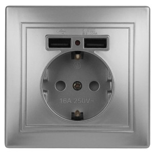 Розетка Plano 1-410-03 с заземлением 2P+E Schuko со шторками, 16А-250В + 2хUSB 5В-2,1А, IP20, СУ, алюминий Б0053944