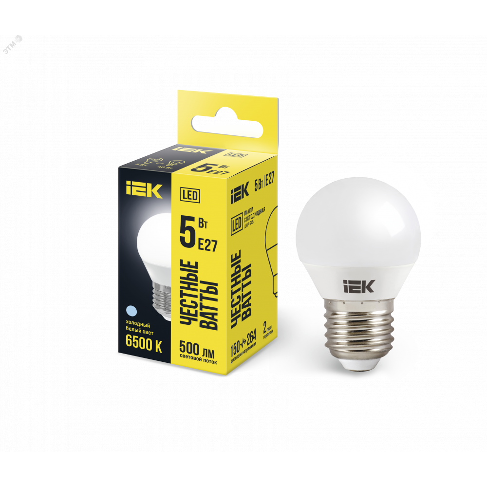 Изображение товара Светодиодная лампа ECO G45 5Вт шар E27 6500K IEK