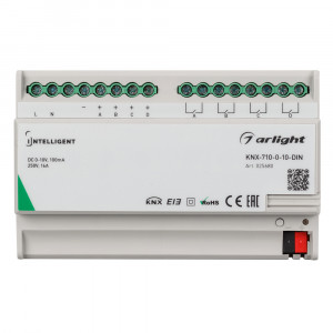INTELLIGENT ARLIGHT Конвертер KNX-710-0-10-DIN (230V, 4x0/1-10, 4x16A) 025680, Конвертер KNX-0-10V с выходами: 4 релейных выхода по 16А, 4 выхода 0-10V для управления драйверами, диммерами, клапанами и пр. Совместим с устройствами 0-10 с пассивным входом. Установка на DIN-рейку. Питание 230V.