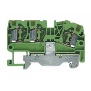 Заземляющая клемма WKF 4 D1/2/SL/35, Заземляющая клемма, 3 точки подключения, тип фиксации провода: пружинный, номинальное сечение: 4 мм кв., 32A, 800V, ширина: 6 мм, цвет: желто-зеленый, тип монтажа: DIN35