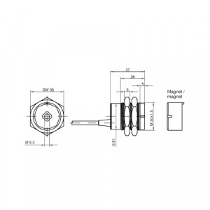 Авт.магн.выкл.SMA 0323 MAGNET SWITCH SET, Магнитный переключатель + магнит, круглая форма, габариты: M30x32 мм, контакт NO/NO, длина кабеля: 3м, степень защиты: IP67, серия SAFETY