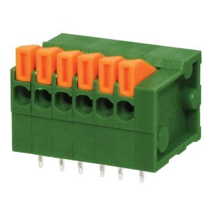 TBL003-254-06GR-2OR, Фиксированные клеммные колодки Terminal block, screwless, 2.54, horizontal, 6 poles, green w orange tab