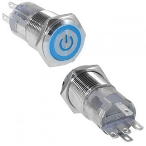 LAS2GQF-11ET/B/N ON-(ON), Кнопка антивандальная металлическая без фиксации с кольцевой и символьной синей подсветкой, 3А 250В, резьба М16