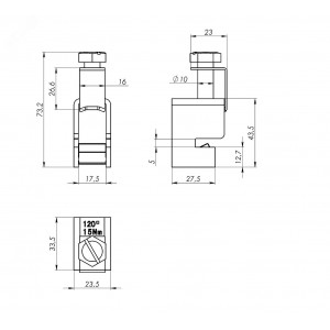 Шинная клемма для кабеля, сечение шины 5 мм, кабель 70-120 мм R5BC0512