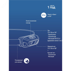 Фонарь аккумуляторный налобный сенсорный 2Вт XPE LED+2Вт SMD LED+красн. Li-po 102540 1200мА.ч корпус ABS-пластик USB-шнур регулируемый эласт. ремешок KOC505Lit