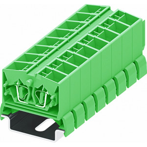 Проходная клемма (MINI) 254386, Проходная клемма, MINI, верхний подвод кабеля, 4 точки подключения, тип фиксации провода: пружинный, номинальное сечение: 2,5 мм кв., 24A, 800V, ширина: 10 мм, цвет: зеленый, тип монтажа: DIN35