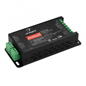 Декодер SMART-K52-DMX (12-24V, 3x8A) 028446, Декодер DMX512 для трансляции DMX512 сигнала ШИМ(PWM) устройствам. Питание 12-24VDC. 3 канала, ток нагрузки 3x8A, мощность нагрузки 288-576W. Входной сигнал DMX512, выходной сигнал ШИМ(PWM). Входные порты: терминальные клеммы. Адреса устанавливаются DIP-п