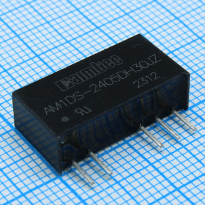 AM1DS-2405DH30JZ, DC/DC, 1Вт, вход 21.6…26.4В, выход ±5В/±0.01…0.1А, изоляция 3000В DC, КПД 80%, максимальная емкостная нагрузка не более 1200мкФ, SIP7, 19.65x6x10.16мм, -40…105°C, пластик
