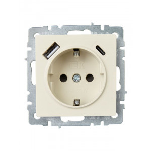 Розетка BRITE РЮш11-1-БрКр 16А с USB A+C 18Вт с заземл. защ. шторки беж. BR-R14-16-U22-018-K10