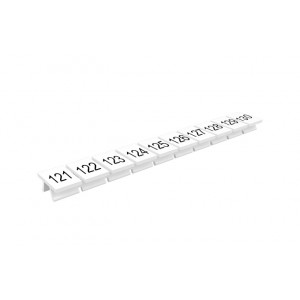 Маркировка (полоска) 306801/121...130, Маркировочные шильдики, для клемм сечением 4 мм.кв., боковая / верхняя, 10 шильдиков, нанесенные символы: 121...130, с горизонтальным расположением, размер шильдика: 6,3 x 10,6 мм, цвет: белый