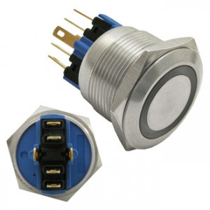 GQ22-11E/B  ON-(OFF)+OFF-(ON), Антивандальная кнопка металлическая без фиксации с кольцевой подсветкой, посадочная резьба М22, контакт на замыкание и контакт на размыкание, контакты под пайку/под разъем