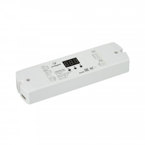 Конвертер SMART-K40-DMX (12-24V, 0/1-10V) 028413, Конвертер сигнала DMX512 в 0/1-10V. Вход - DMX512, выход 0-10V и 1-10V (по выбору), напряжение питания DC 12-24V. На выходе 4 канала, ток нагрузки 20мА на канал. На корпусе цифровой монитор. Габариты 170х50х23мм.