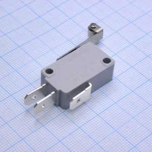 Микропереключатель СВЧ печи рычаг+ролик, 28*16*10мм 1 группа на переключение, рычаг с роликом 25мм, контакты шириной 6.3мм