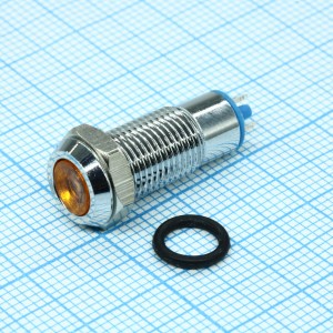 Индикаторная лампа 8мм 12V LED желтый, Лампа индикаторная светодиодная 12В D8, жёлтая, корпус - металл