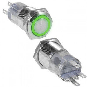 LAS2GQF-11ZE/G/N ON-ON, Кнопка антивандальная металлическая с фиксацией с кольцевой зеленой подсветкой, 3А 250В, резьба М16