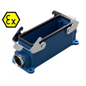 Закрытое основание разъема EX 70.330.2436.0, Основание разъема на панель, закрытое, типоразмер 24B, взрывозащищита, с уплотнителем, 2 кабельных ввода M25x1,5, IP54, с двумя защелками, с защитной крышкой, материал корпуса: цинковый сплав