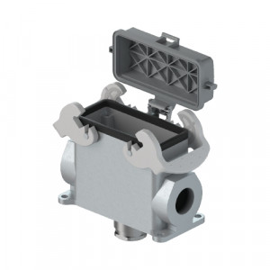 Закрытое основание разъема BAS GUT GI 40HM25 50 A0, Основание разъема на панель, закрытое, типоразмер 16B, высокое исполнение, с уплотнителем, 1 кабельный ввод M25x1,5, IP54, с нижним расположением, без защелок (упоры для двух защелок), с защитной крышкой, материал корпуса: алюминиевый сплав