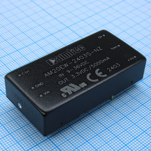 AM20EW-2403S-NZ, DC/DC, 20Вт, вход 9…36В, выход 3.3В/5А, изоляция 1500В DC, КПД 86%, максимальная емкостная нагрузка не более 10000мкФ, вход On/Off, 2x1", 50.8x25.4x11.8мм, -40…85°C, металл