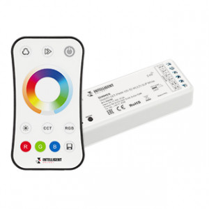 INTELLIGENT ARLIGHT Диммер SMART-SET-PWM-105-52-MULTI-SUF White (12-24V, 5x3A, ПДУ RING 10кн, 2.4G) 036188, Комплект диммер с пультом для RGB-MIX светодиодной ленты (ШИМ). Питание/рабочее напряжение 12-24VDC, максимальный ток 3A на канал, 5 каналов, максимальная мощность 180-360W. Габариты контроллера 114x38x20 мм, габариты пульта 107x58.5x9 мм. Держатель в ком