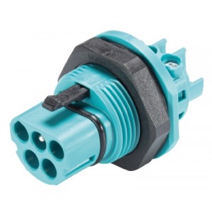 Разъем RST20i5 96.052.5053.6, Вилочный разъем в панель, М25, IP68(69k), 5 полюсов, винтовая фиксация провода, номинальные характеристики: 250/400V, 20A, цвет контактной вставки: бирюзовый, цвет гайки: черный, серия RST Classic