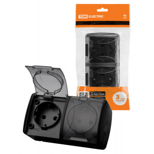 Розетка двойная 2П+3 открытой установки IP54 16А с прозрачной крышкой графит "Селигер" SQ1818-0309