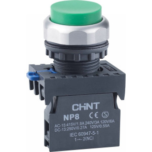 CHINT Кнопка упр. выступ., NP8-10GND/3 подсвет., самовозв., зелен., AC110-230В(LED), 1НО, IP65 (R)