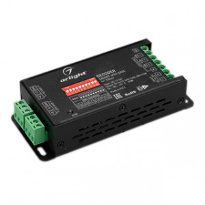 Декодер SMART-K52-DMX (12-24V, 3x8A) 028446, Декодер DMX512 для трансляции DMX512 сигнала ШИМ(PWM) устройствам. Питание 12-24VDC. 3 канала, ток нагрузки 3x8A, мощность нагрузки 288-576W. Входной сигнал DMX512, выходной сигнал ШИМ(PWM). Входные порты: терминальные клеммы. Адреса устанавливаются DIP-п