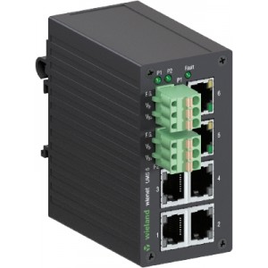 Коммутатор WIENET UMS 6, Коммутатор серии WieNet, неуправляемый, 6 портов RJ45 скорость передачи 100/1000 MBit/s, номинальное напряжение: 9-30 VDC, монтаж: на DIN рейку, материал корпуса: алюминий