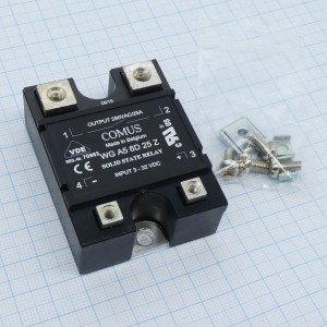 WGA5-6D25Z, Реле твердотельное для коммутации переменного тока 280В 25А, вход 3-32В DC 10мА, изоляция 4кВ, схема перехода через ноль, нормально открытое, встроенная снабберная цепь, -20...+80°C