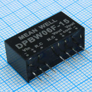 DPBW06F-15, Преобразователь DC/DC, 6Вт, Uвх=9…36В, Выход ±15В/±200мА, изоляция 1500В DC, корпус SIP8 21.8х9.2х11.1мм, -40°С…+85°С