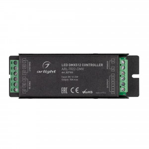 Декодер ARL-7022-DMX (12-24V, 1x25A, DMX512) 027152, Декодер сигнала DMX512 в ШИМ (PWM). Напряжение питания DC 12-24V, 1 канал управления, ток нагрузки до 25А, максимальная мощность 300-600W, винтовые клеммы. Адреса устанавливаются DIP-переключателями на корпусе. Габариты 127х42х33 мм.