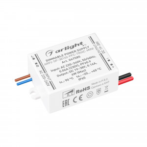 Блок питания ARPJ-SP-38160-PFC-TRIAC-MINI (6W, 19-38V, 160mA) 047585, Диммируемый источник тока по стандарту TRIAC с гальванической развязкой для светильников и мощных светодиодов. Входное напряжение 220-240 VAC. Выходные параметры: 19-38 В, 160 mА, 6 Вт. Встроенный PFC >0,9. Герметичный пластиковый корпус IP 65.