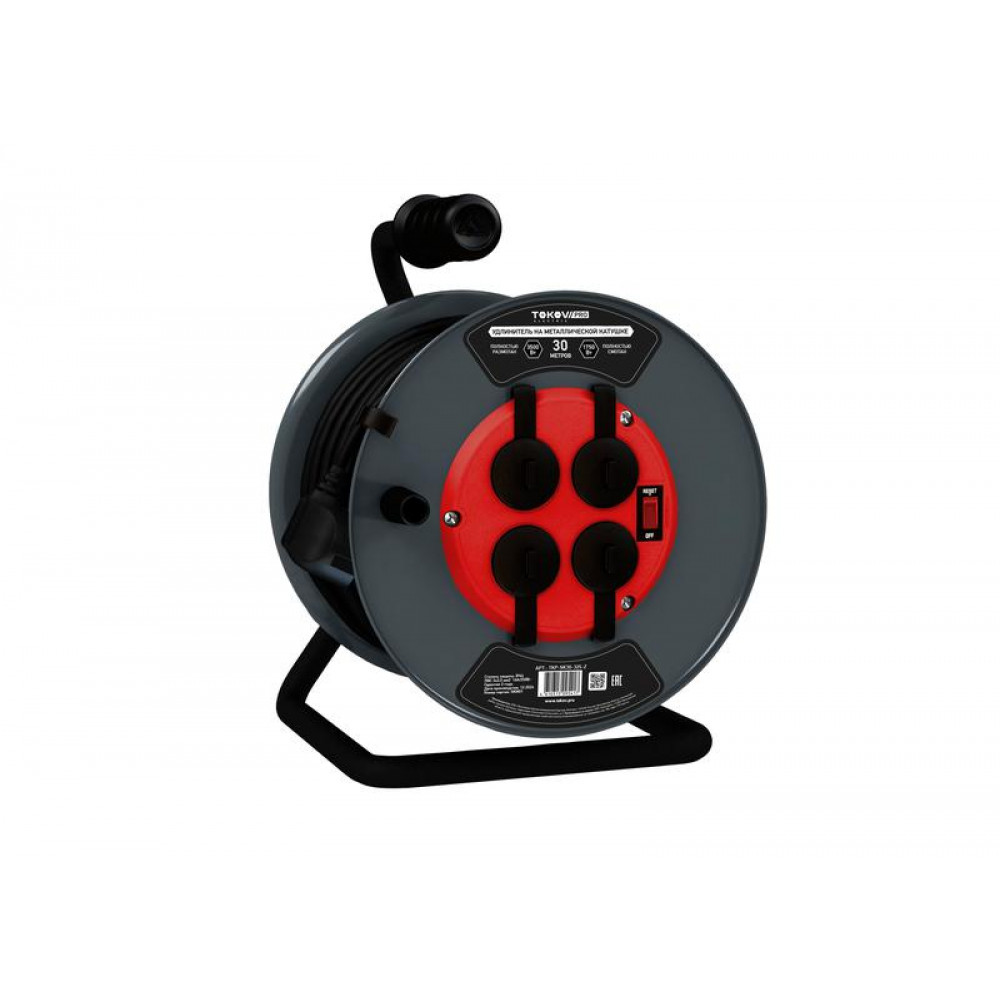 Изображение товара Удлинитель на металической катушке 4 розетки, IP44, 30 м, 16А, медь, TOKOV ELECTRIC