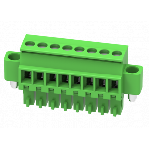 Розеточный разъем на кабель MC-RE3.5V10C-K-0001, Розеточный разъем, угловой, на кабель, шаг: 3.5 мм, 10 полюсов, фиксация провода винтовая, исполнение: с монтажными фланцами, 160V, 8A, цвет: зеленый