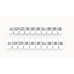 ZB5-10P-19-898Z(H), Маркировочные шильдики для клемм WS…, DC…, PC…, сечением 2,5 мм кв., центральная, 10 шильдиков, нанесенные символы: 51-60 с горизонтальным расположением, размер шильдика: 4,55х10,7 мм, цвет белый