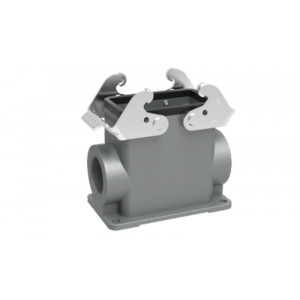 Закрытое основание разъема D10B-SFH-2L-2M25, Основание разъема на панель, закрытое, типоразмер 10B, высокое исполнение, с уплотнителем, 2 отверстия с резьбой для кабельных вводов M25x1,5, с двумя защелками, без защитной крышки, материал корпуса: алюминиевый сплав